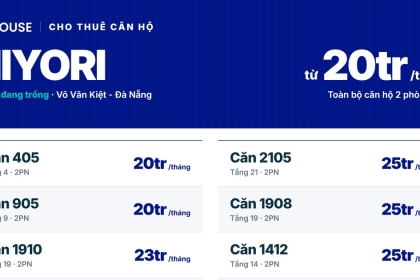 Cho thuê căn hộ Hiyori Đà Nẵng tháng 10/2026: 12 căn 2 phòng ngủ trống, từ 20 triệu, gần biển Mỹ Khê