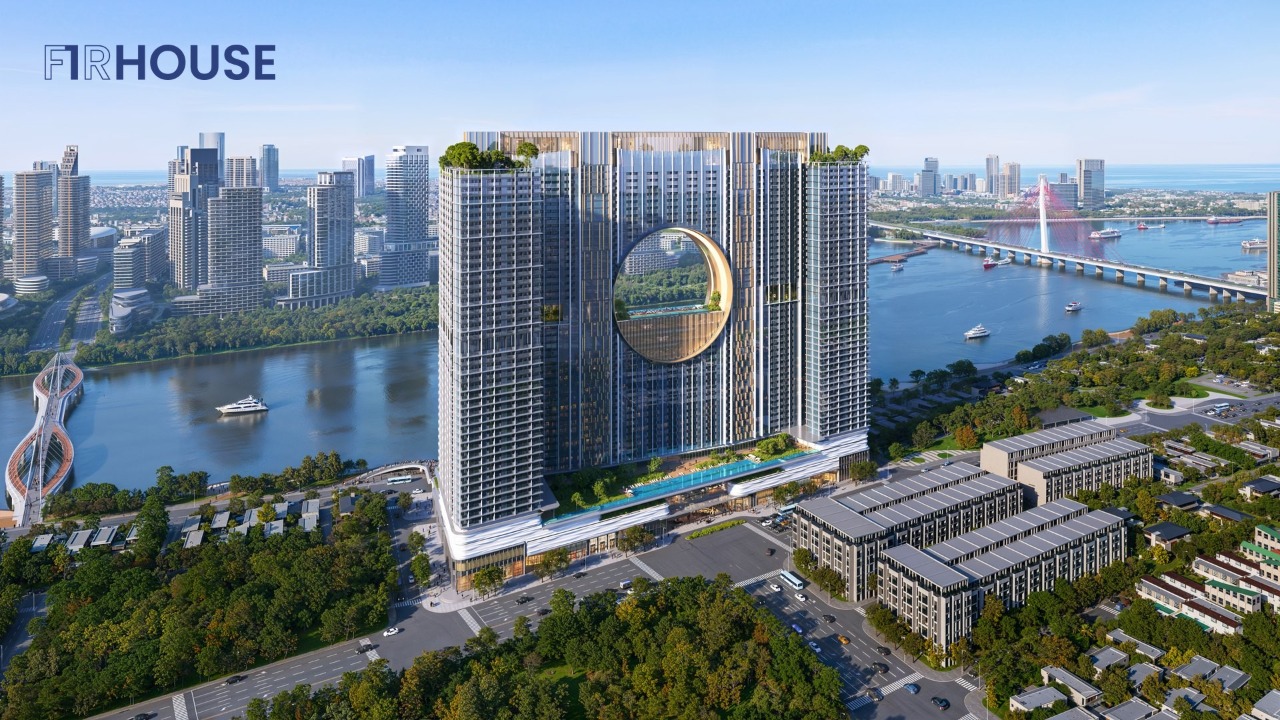 Toàn cảnh Sun Galaxy Đà Nẵng ven sông Hàn, kết nối trực tiếp qua các cây cầu về trung tâm thành phố.