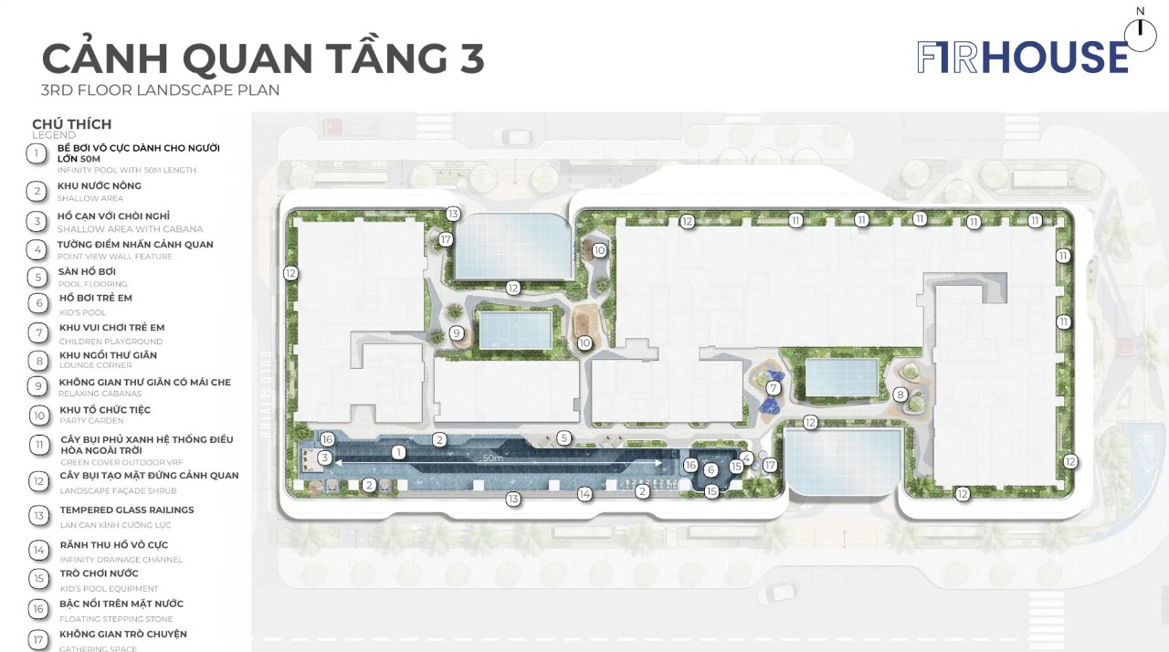 Cảnh quan tầng 3 với bể bơi vô cực 50m