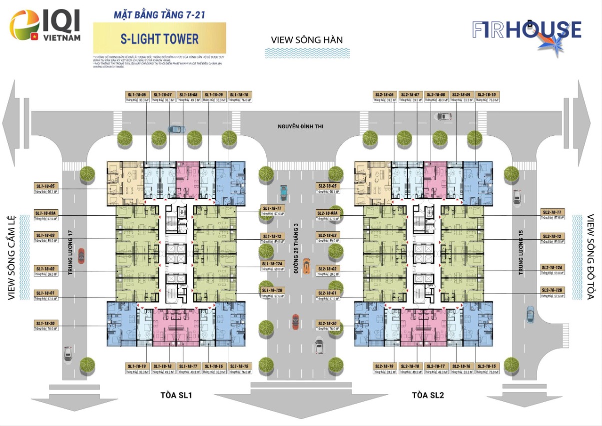 Mặt bằng tầng điển hình (tầng 7–21) hai tòa SL1 – SL2